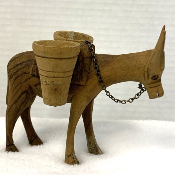Hand Carved Wooden Mule Donkey Water Barrels Chain Rein Miniature Brown - Picture 1 of 9